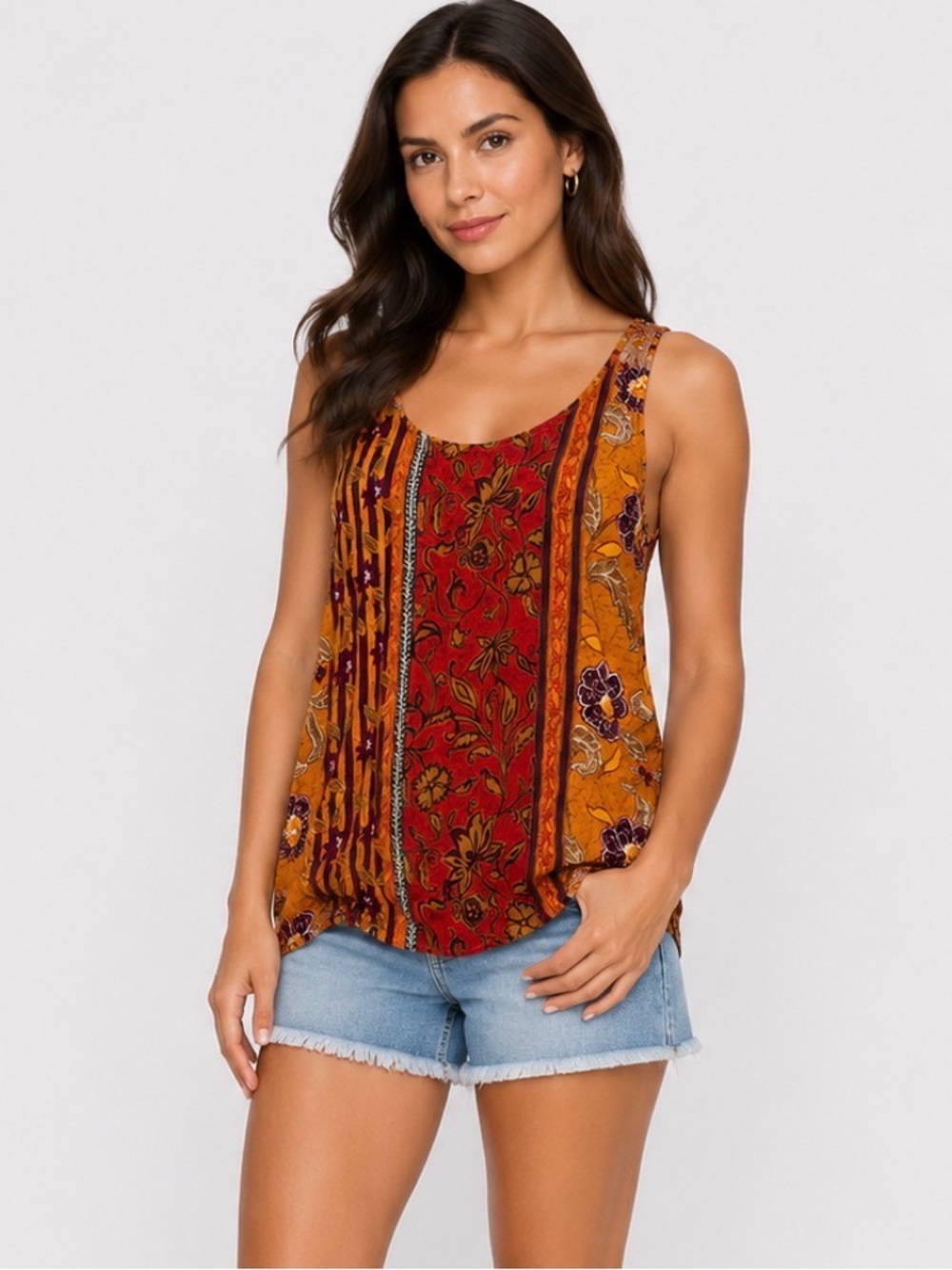 Multicolor Boho tank top blouse Patchwork Tank in Red, Mustard & Purple SZ M